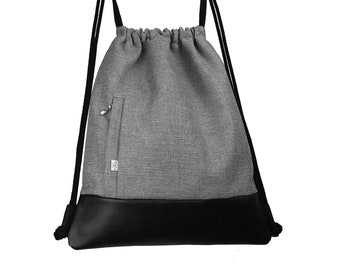 MOCHILA VEGANA Bolsa con cordón de cuero sintético Gris claro Hipster Saco Bolsa Urbana Mochila unisex Cremallera Bolsillos cerrados Tela duradera