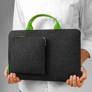 GREEN HANDLE Felt Laptop Sleeve MacBook Cover Dark Grey Synthetic Felt Vagan Case Green Zipper All MacBook All Laptop Models Customisable