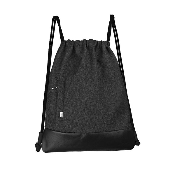 RUCKSACK Vegan Sack Tasche Turnbeutel Dunkelgrau mit Schwarz Eko Leder Sacktasche Hipster Rucksack mit zwei Reissverschluss Taschen