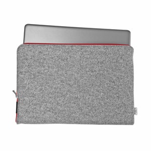 Light grey felt laptop sleeve with red zipper half open, part of the laptop outside the cover