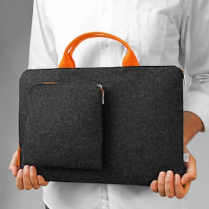 ORANGE HANDLE and Zipper Laptop Felt Sleeve MacBook Felt Cover with Pocket All Sizes All Laptop Models Customisable Handmade Case Mac Air 13
