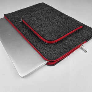 FELT LAPTOP SLEEVE MacBook Cover Dark Gray Felt Red Zipper Extra Charger Pocket All Sizes Customisable boyfriend gift