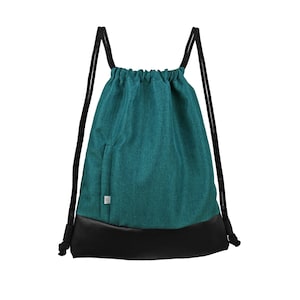 BACKPACK TURQUOISE DRAWSTRING Bag Vegan Faux Leather Hipster Sack Bag Urban Unisex Back Pack Zipper Closed Pockets Durable Fabric