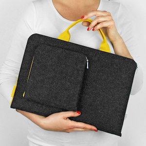 DARK GREY FELT Laptop Sleeve Yellow Handle and Zipper MacBook Case all sizes all models customisable cover for your laptop