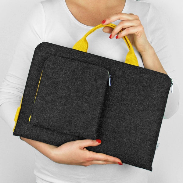 DARK GREY FELT Laptop Sleeve Yellow Handle and Zipper MacBook Air 13 2020 M1 Case all sizes all models customisable cover for your laptop