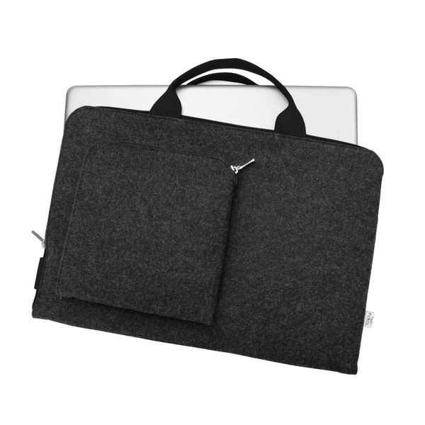 LAPTOP SCHUTZHULLE MacBook Tasche mit schwarz Griff und zusätzliche Tasche schwarz Reissverschluss dunkelgrau synthetische Filz