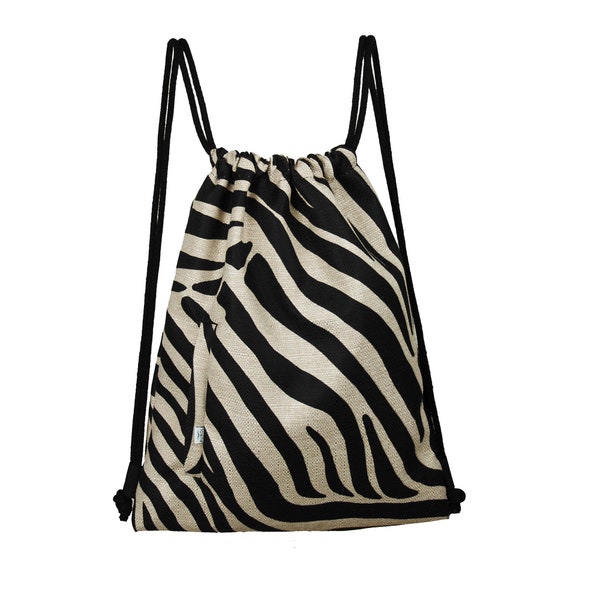 BACKPACK Drawstring Bag Hipster Sack Bag Zebra Pattern Unisex Big Backpack with Two Zipper Closed Pockets Unique Gift