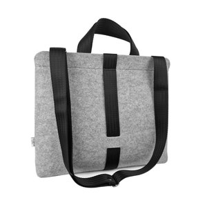 FELT SHOULDER BAG grey crossbody bag with black car belt strap takes 15 inch laptop zipper closed handbag inside pockets image 4