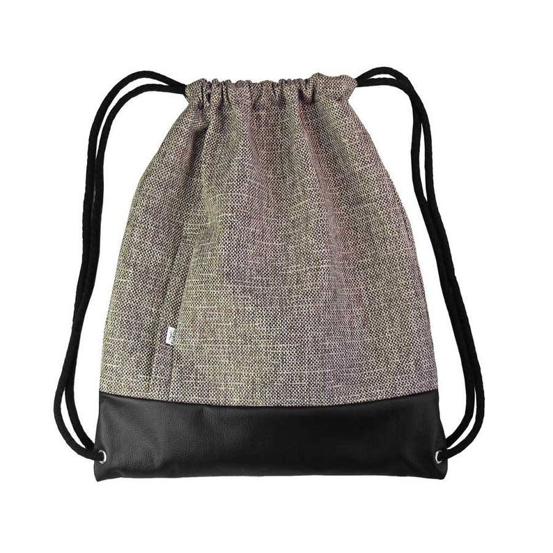 BACKPACK Drawstring Bag Leather Hipster Beige Sack Bag Two Zipper-Closed Pockets Colorfull Lining Cotton Strings