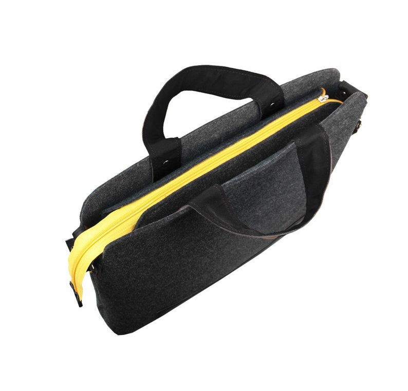 LAPTOP FELT BAG Mister dark gray felt shoulder bag unisex handbag with black leather takes 15 inch laptop boyfriend gift