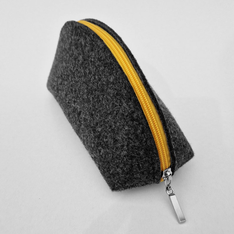 FELT DUMPLING Pen Case Charcoal Grey Felt Pencil Case Mouse and other Electronic Accesories Cover with Yellow Zipper and Cotton Lining Yellow