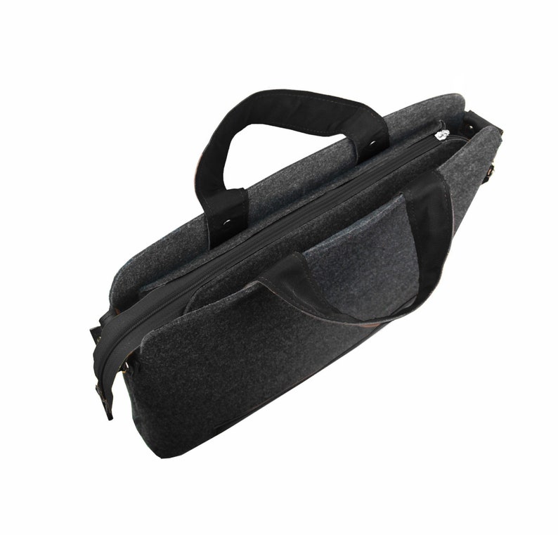 LAPTOP FELT BAG Mister dark gray felt shoulder bag unisex handbag with black leather takes 15 inch laptop boyfriend gift