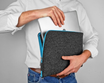 FELT LAPTOP SLEEVE MacBook Cover Light Blue Zipper Dark Grey Felt