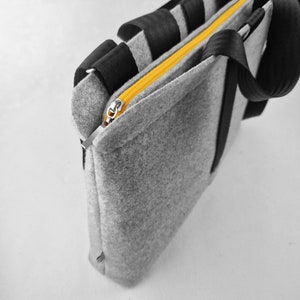 FELT SHOULDER BAG grey crossbody bag with black car belt strap takes 15 inch laptop zipper closed handbag inside pockets Yellow