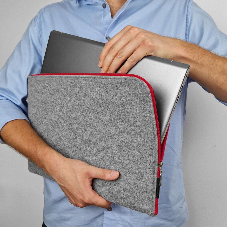 LAPTOPTASCHE MacBook Schutzhulle aus grau Filz rot reissverschluss 13, 15, 18 zoll Laptop Bild 5
