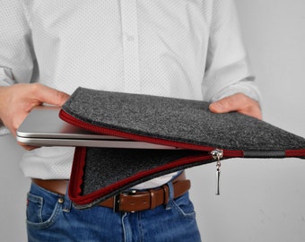 MACBOOK SLEEVE Dark Gray Felt Laptop Case Maroon Zipper All Sizes Notebook Macbook Air, Pro 13 inch, 15 inch Customisable Unique Gift