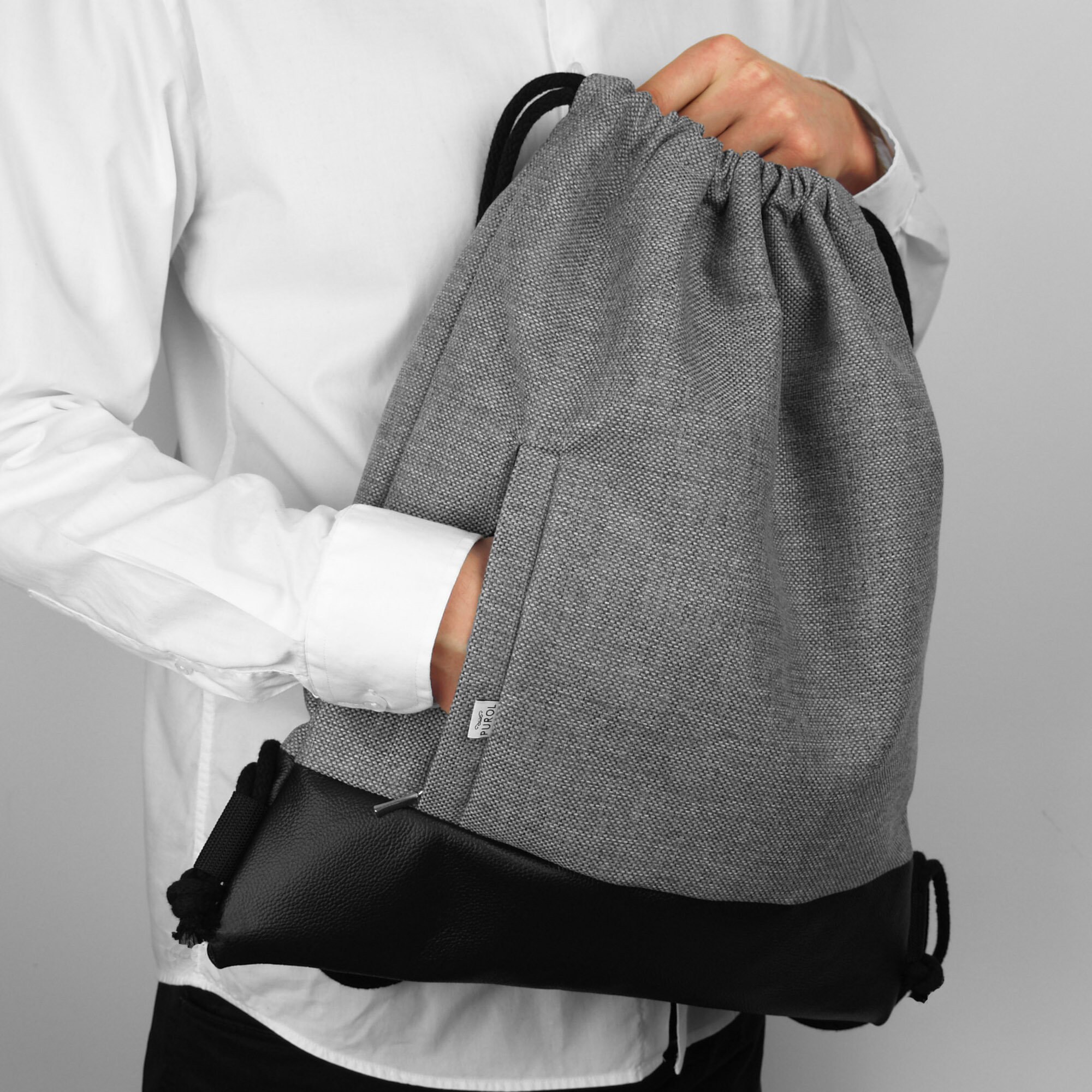 VEGAN BACKPACK Drawstring Bag Faux Leather Light Grey Hipster Sack Bag ...