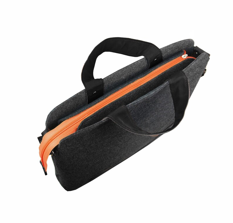 LAPTOP FELT BAG Mister dark gray felt shoulder bag unisex handbag with black leather takes 15 inch laptop boyfriend gift