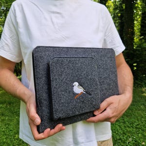 felt laptop sleeve macbook cover dark grey case with bird embroidery 13 inch with black zipper