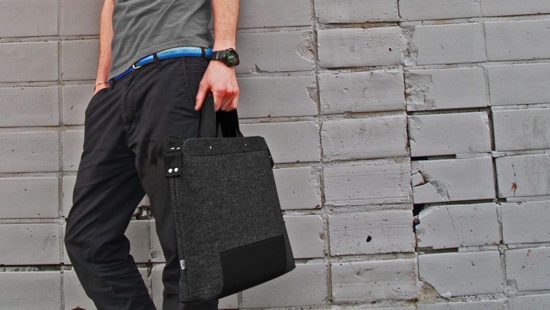 LAPTOP FELT BAG Mister dark gray felt shoulder bag unisex handbag with black leather takes 15 inch laptop boyfriend gift
