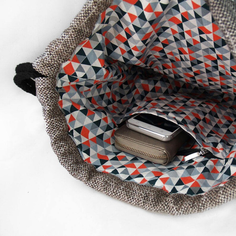 BACKPACK Drawstring Bag Leather Hipster Beige Sack Bag Two Zipper-Closed Pockets Colorfull Lining Cotton Strings