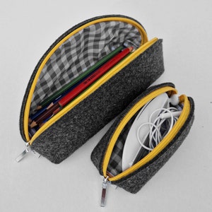 FELT DUMPLING Pen Case Charcoal Grey Felt Pencil Case Mouse and other Electronic Accesories Cover with Yellow Zipper and Cotton Lining zdjęcie 4