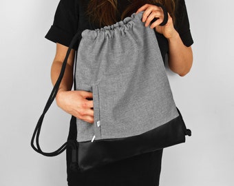VEGAN BACKPACK Drawstring Bag Faux Leather Light Grey
