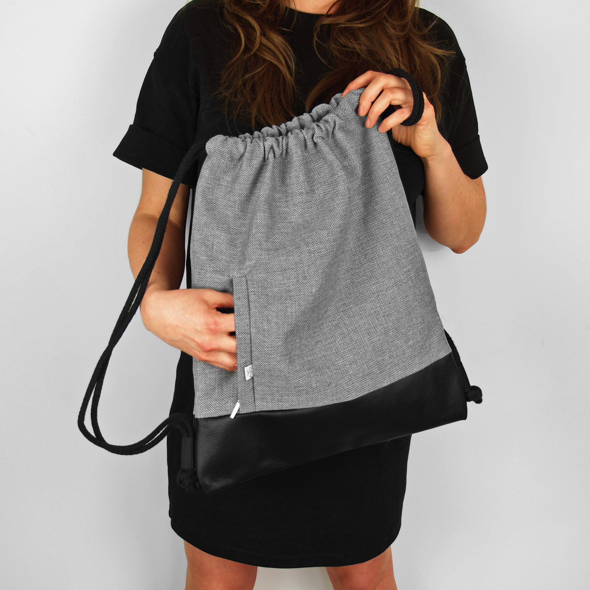 VEGAN BACKPACK Drawstring Bag Faux Leather Light Grey Hipster Sack Bag ...