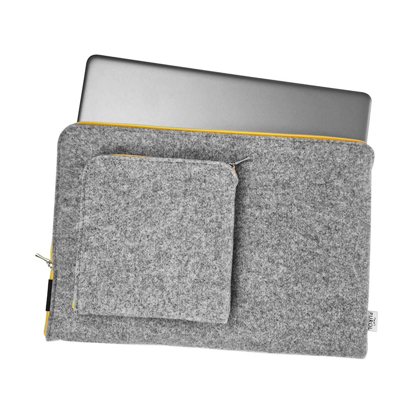 Light grey felt case with yellow zipper. 15 inch laptop cover with front pocket sewn on the main part of the sleeve. Pocket for wires, mouse, etc.