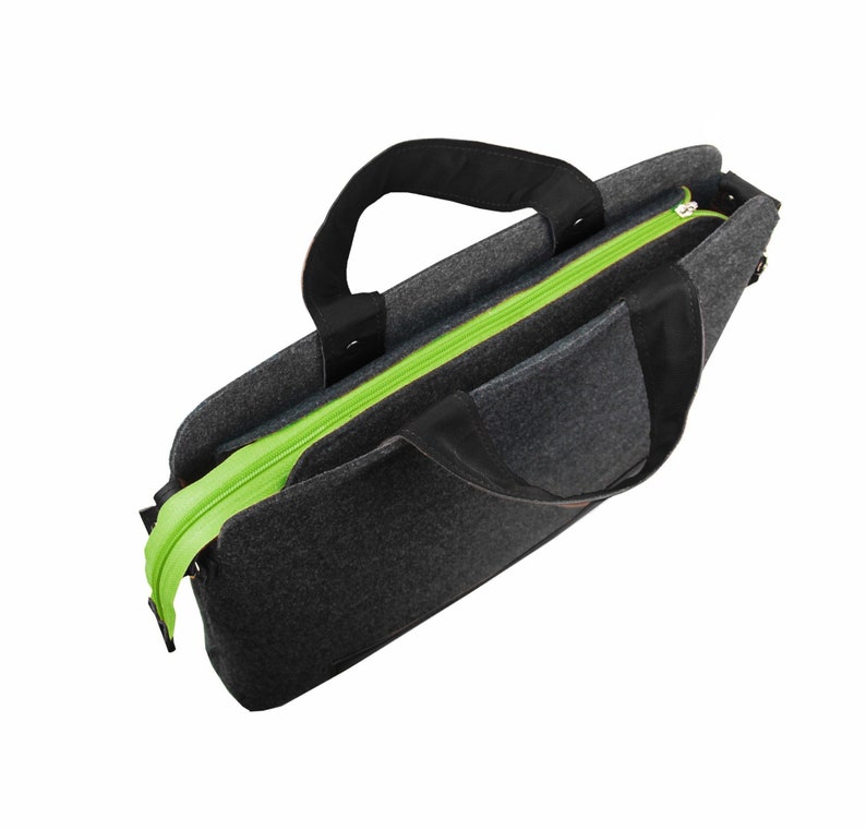 LAPTOP FELT BAG Mister dark gray felt shoulder bag unisex handbag with black leather takes 15 inch laptop boyfriend gift