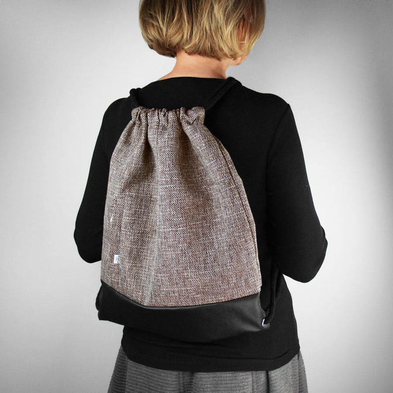 BACKPACK Drawstring Bag Leather Hipster Beige Sack Bag Two Zipper-Closed Pockets Colorfull Lining Cotton Strings