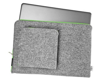 MACBOOK LAPTOP TASCHE Schutzhulle aus Filz Notebook Filztasche Grau mit Grun Reissverschluss