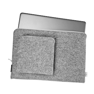 Light grey felt laptop sleeve with white zipper. Silver 15 inch laptop half inside the sleeve. Zipper opens on the top and side of the cover.