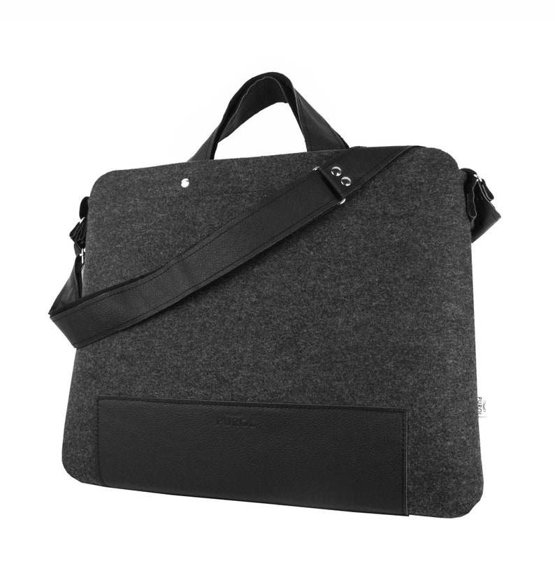LAPTOP FELT BAG Mister dark gray felt shoulder bag unisex handbag with black leather takes 15 inch laptop boyfriend gift