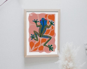 Tree Frog and Leaves Print, Animal Print, Modern Wall Art, Wall Decor, Gallery Wall Art, Rain Forest Art, Green Frog, Colourful Art