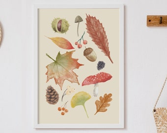 Autumn Fall and Winter Leaves Print, Fall Print, Autumnal Colours, Childrens Wall Art, Children's Educational Art, Leaf Art, Muted Tones