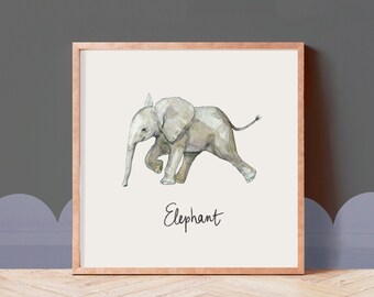 Elephant Animal Print, Square Print, Watercolour Animal, Children's Wall Art, Nursery Print, Simple Design Wall Art, Interior Wall Art