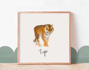 Tiger Animal Print, Square Print, Watercolour Animal, Children's Wall Art, Nursery Print, Simple Design Wall Art, Interior Wall Art