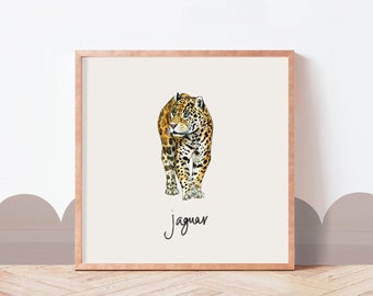 Jaguar Animal Print, Square Print, Watercolour Animal, Children's Wall Art, Nursery Print, Simple Design Wall Art, Interior Wall Art