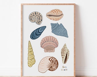 Sea Shells Print, Shells Poster, Beach Art, Ocean Themed Poster, Muted Tones, Beach Shells, Patterned Shells, By The Sea, Seaside, Summer