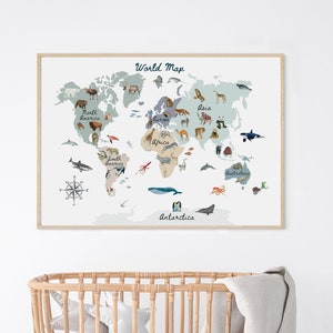 Weltkarte Poster, Weltkarte Druck, Safari Dekor, Kinder Weltkarte, Kinderzimmer Weltkarte, Safari Karte Druck, Spielzimmer