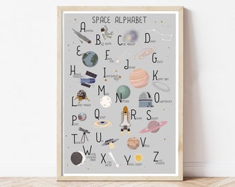 Space Alphabet Print, ABC Poster, Children's print, Wall Decor, Nursery ABC, Muted Tones, Planets, Colourful Wall Art, Alphabet poster