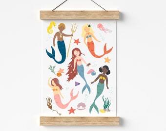 Mermaids Poster, Children's Wall Art, Kid's Wall Decor, Nursery Print, Cute Print, Sea Creatures, Seaside Poster, Mermaids