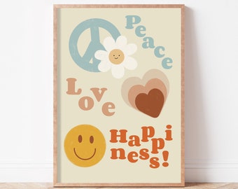 Peace, Love, Happiness Poster, Positive Affirmation Print, Kid’s Wall Art, Checker Pattern, Unisex Design, Retro Kids Art, kids Poster