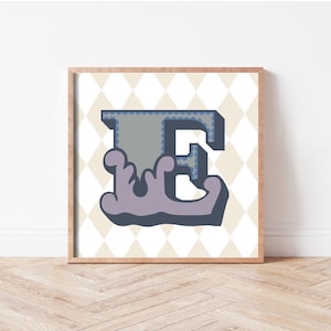 Quadratischer Buchstabe, Initiale, Harlekin Diamant Design, Zirkus-Stil, Kinderwandkunst, Kinderzimmer-Druck, Kinderposter, bunter Buchstabe.