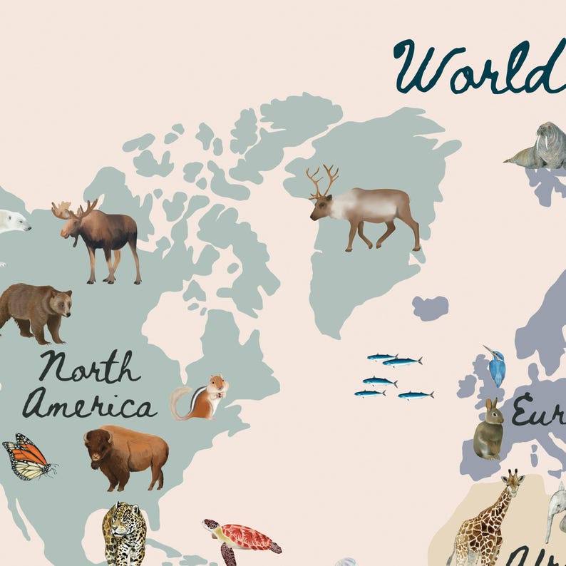 Pink Animals World Map Print, Kids Nursery Decor - Etsy