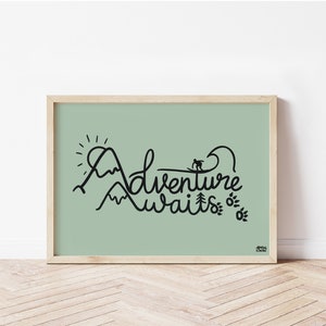 Adventure Awaits Print, Adventure Wall Art, Outdoors, Inspirational Quote, Positive Poster, Childrens Wall Art, Kid Adventurer image 4