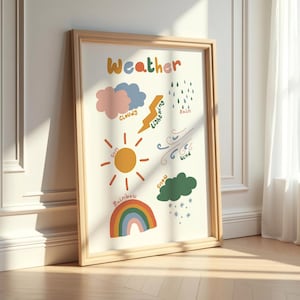 Impresión colorida del clima para niños, póster del clima, póster educativo, arte de pared colorido para niños, póster para niños, impresión para sala de juegos, clima