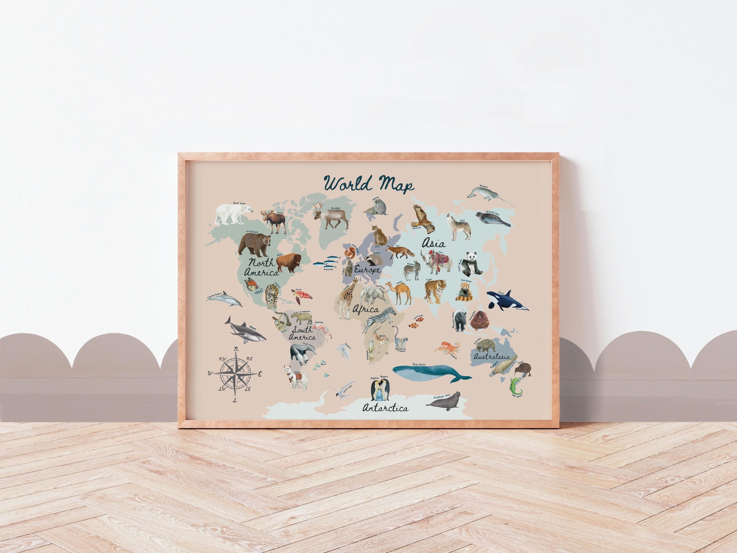 Animals World Map Print, Kids Nursery Wall Art - Etsy