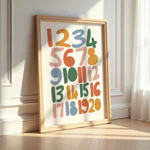 Impresión de números coloridos para niños, póster de números, póster educativo, arte de pared colorido para niños, póster para niños, impresión para sala de juegos, 1-20